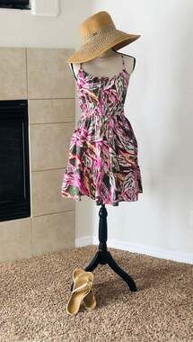 LOFT Beach Tropical Leaf Print Smocked Waist Mini Dress Si